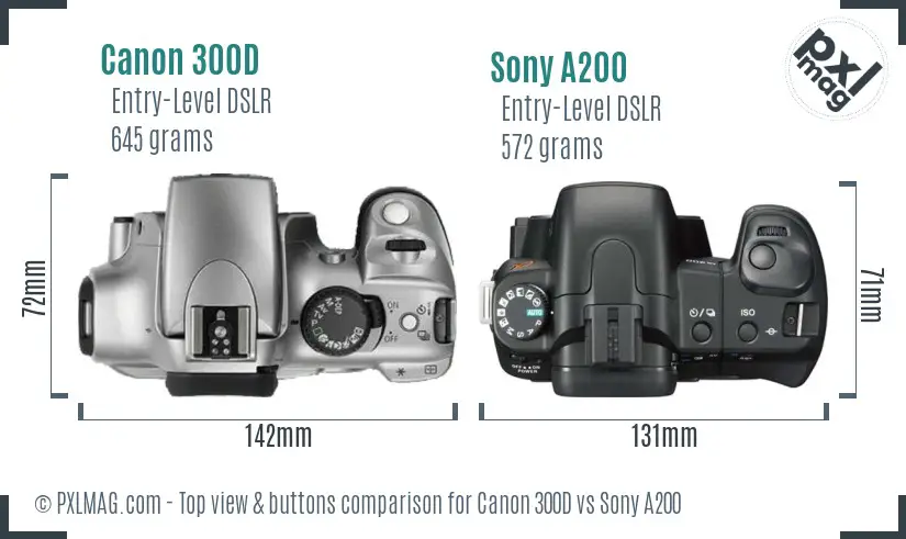 Canon 300D vs Sony A200 top view buttons comparison