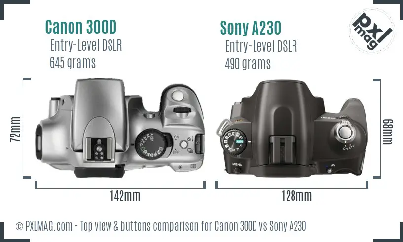 Canon 300D vs Sony A230 top view buttons comparison