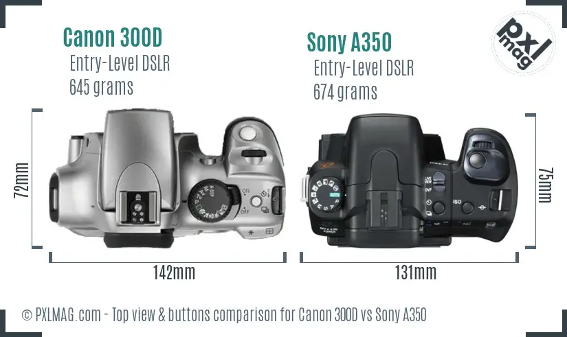 Canon 300D vs Sony A350 top view buttons comparison