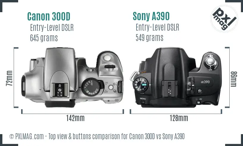 Canon 300D vs Sony A390 top view buttons comparison