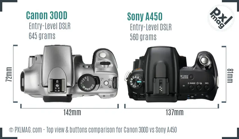 Canon 300D vs Sony A450 top view buttons comparison