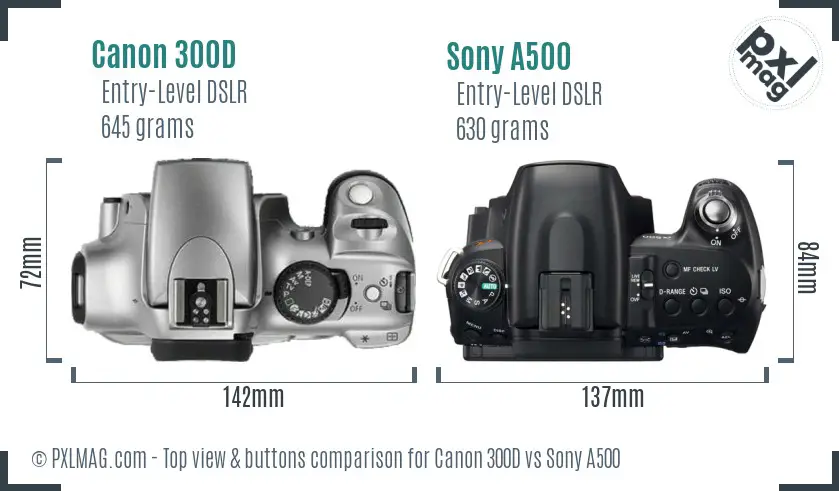 Canon 300D vs Sony A500 top view buttons comparison