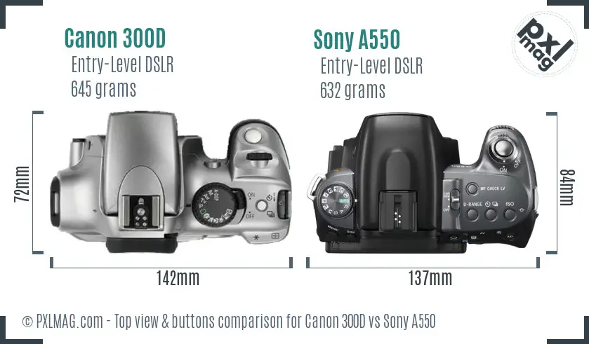 Canon 300D vs Sony A550 top view buttons comparison