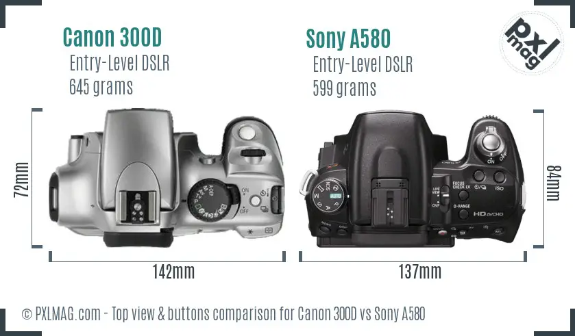Canon 300D vs Sony A580 top view buttons comparison