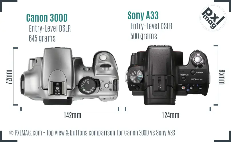 Canon 300D vs Sony A33 top view buttons comparison