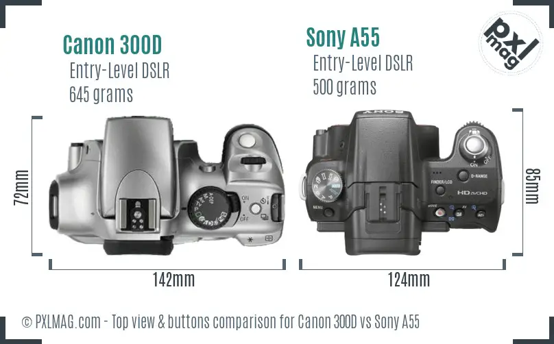 Canon 300D vs Sony A55 top view buttons comparison