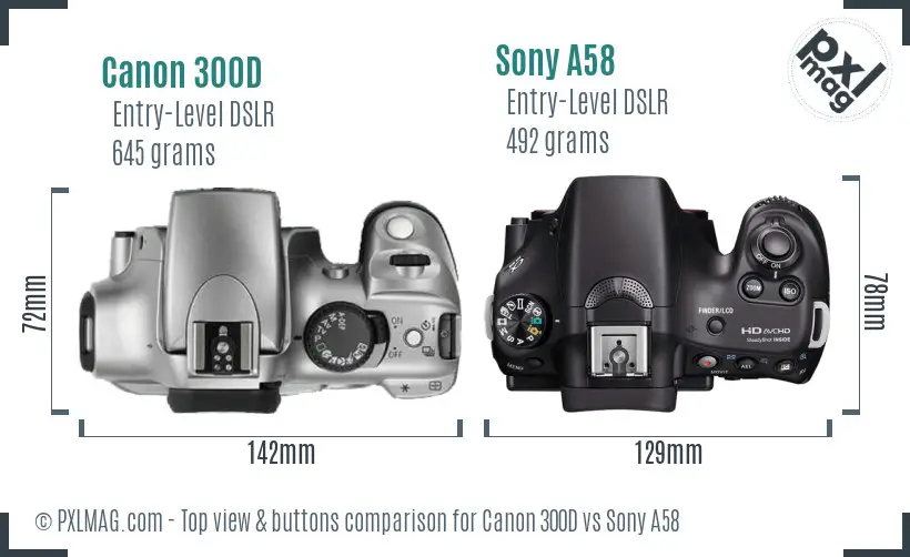 Canon 300D vs Sony A58 top view buttons comparison