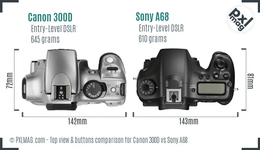 Canon 300D vs Sony A68 top view buttons comparison