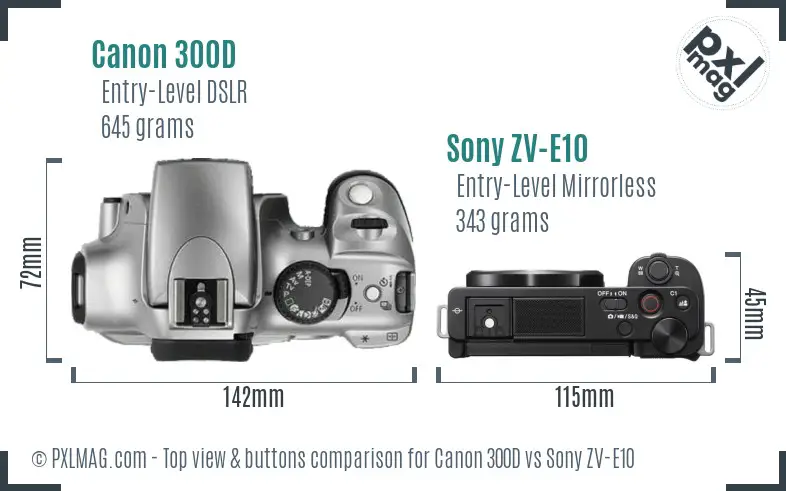Canon 300D vs Sony ZV-E10 top view buttons comparison