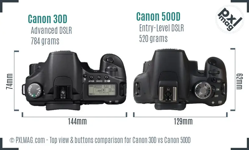 Canon 30D vs Canon 500D top view buttons comparison