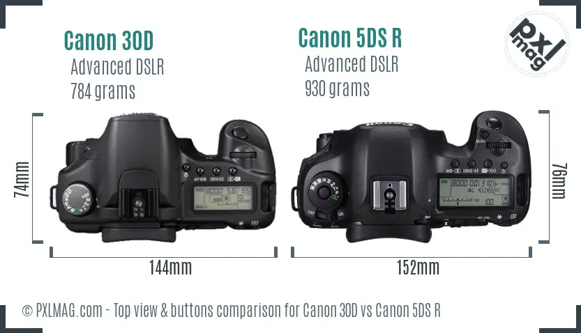 Canon 30D vs Canon 5DS R top view buttons comparison