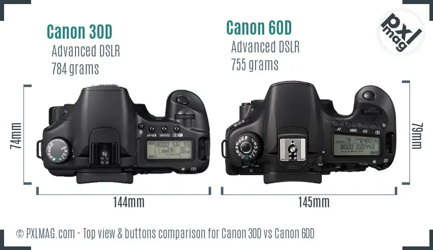 Canon 30D vs Canon 60D top view buttons comparison