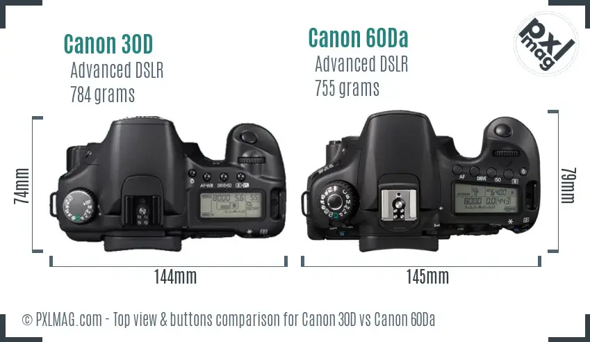 Canon 30D vs Canon 60Da top view buttons comparison