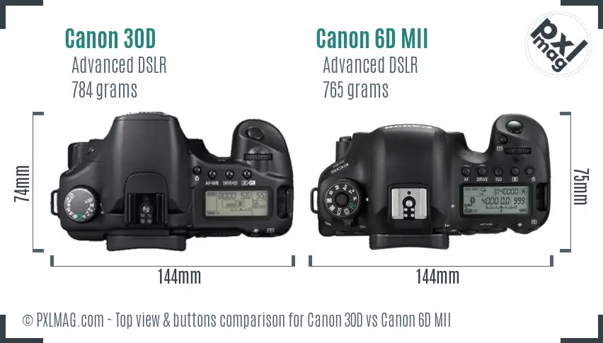 Canon 30D vs Canon 6D MII top view buttons comparison