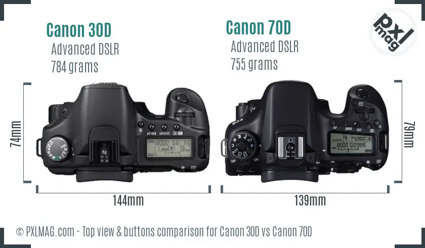 Canon 30D vs Canon 70D top view buttons comparison
