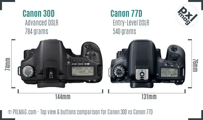 Canon 30D vs Canon 77D top view buttons comparison