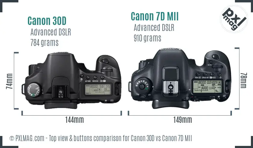 Canon 30D vs Canon 7D MII top view buttons comparison