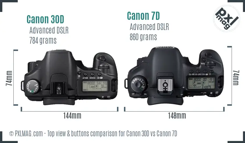 Canon 30D vs Canon 7D top view buttons comparison