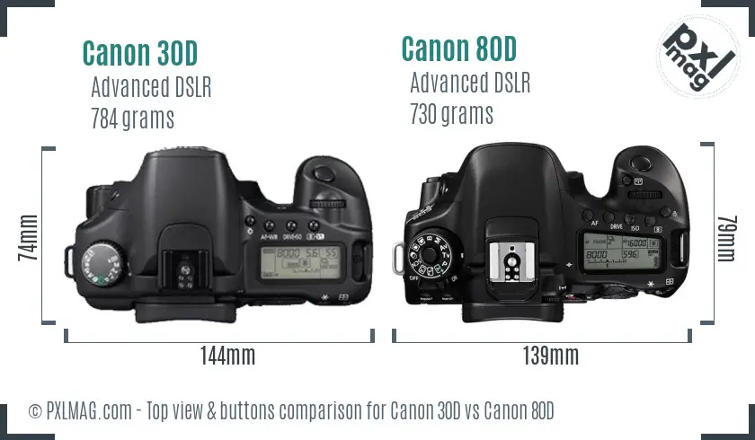 Canon 30D vs Canon 80D top view buttons comparison