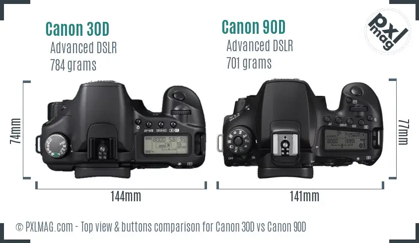 Canon 30D vs Canon 90D top view buttons comparison