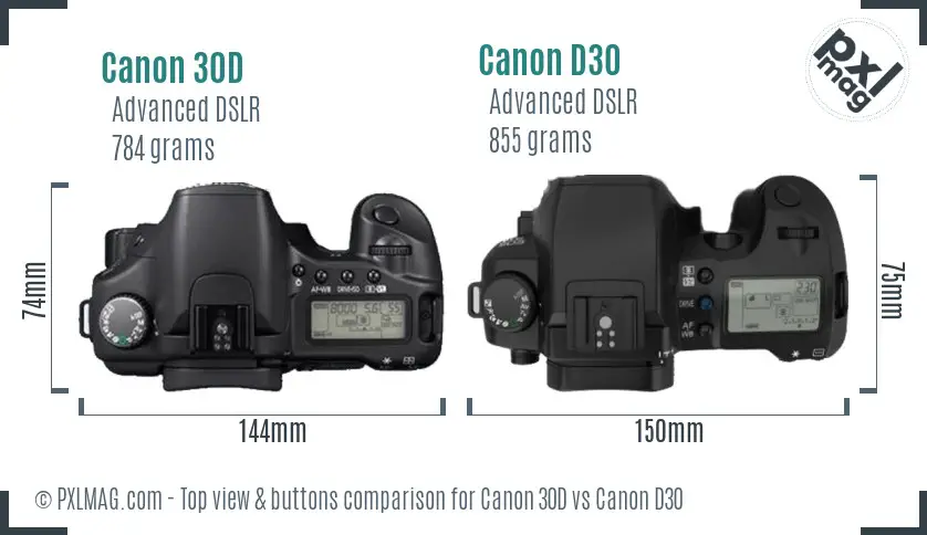 Canon 30D vs Canon D30 top view buttons comparison
