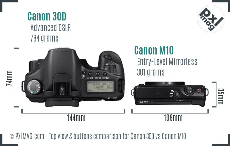 Canon 30D vs Canon M10 top view buttons comparison