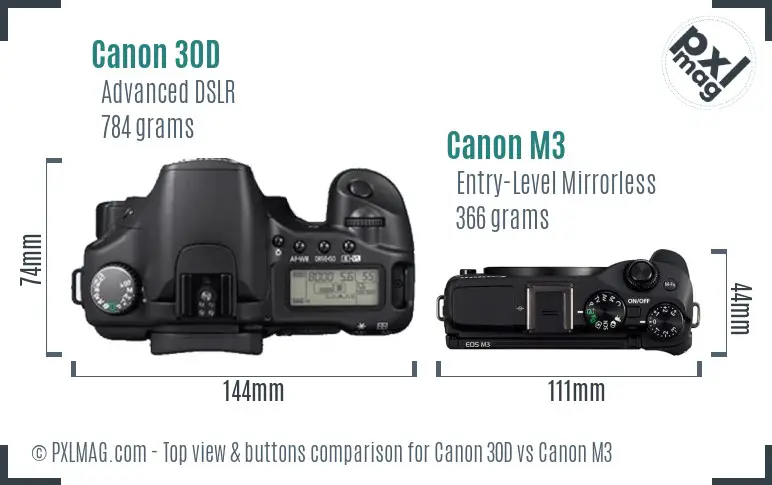 Canon 30D vs Canon M3 top view buttons comparison