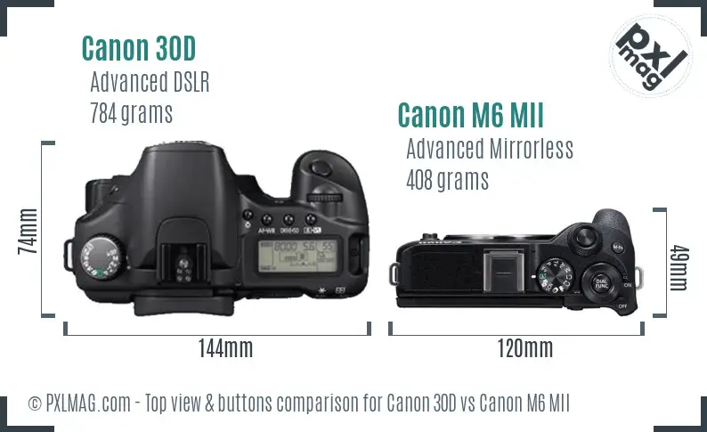 Canon 30D vs Canon M6 MII top view buttons comparison