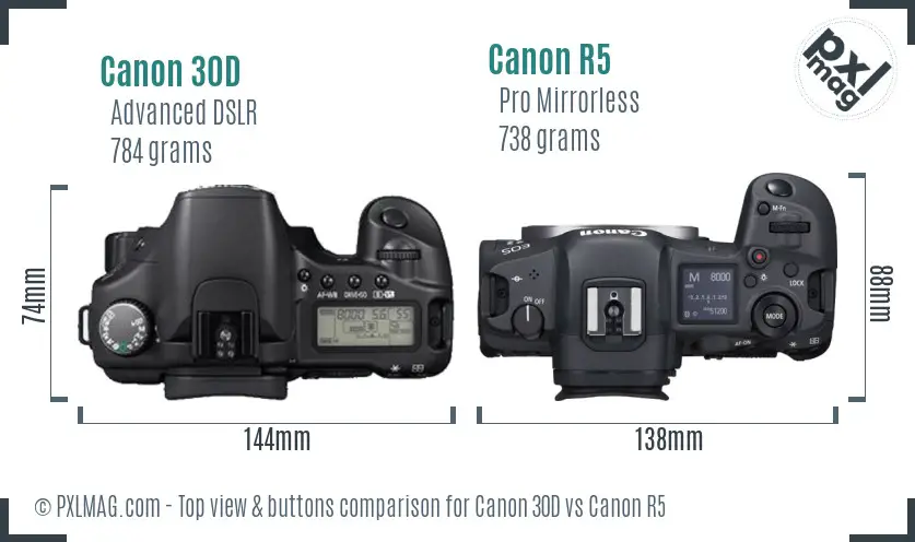 Canon 30D vs Canon R5 top view buttons comparison