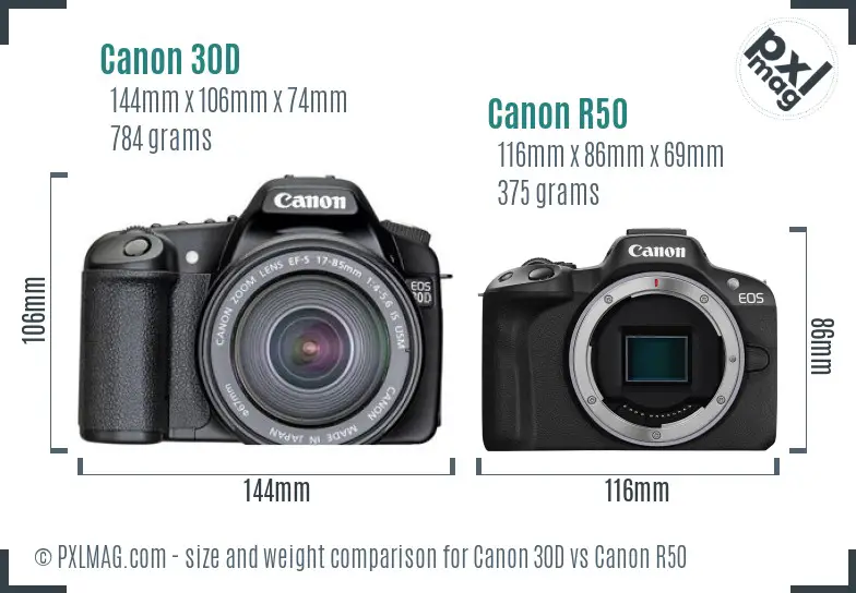Canon 30D vs Canon R50 size comparison Canon 30D vs Canon R50 size comparison