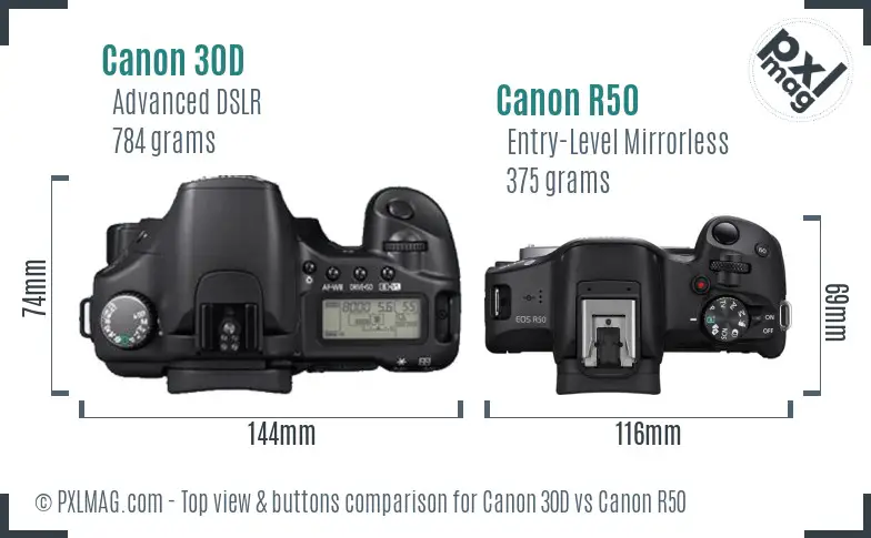 Canon 30D vs Canon R50 top view buttons comparison Canon 30D vs Canon R50 top view buttons comparison