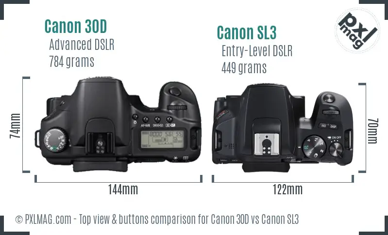Canon 30D vs Canon SL3 top view buttons comparison