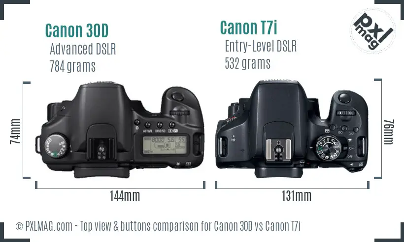 Canon 30D vs Canon T7i top view buttons comparison Canon 30D vs Canon T7i top view buttons comparison