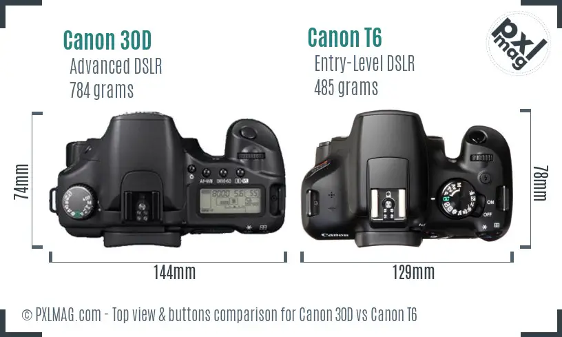 Canon 30D vs Canon T6 top view buttons comparison Canon 30D vs Canon T6 top view buttons comparison