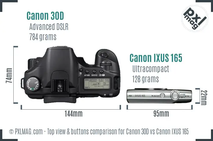 Canon 30D vs Canon IXUS 165 top view buttons comparison Canon 30D vs Canon IXUS 165 top view buttons comparison