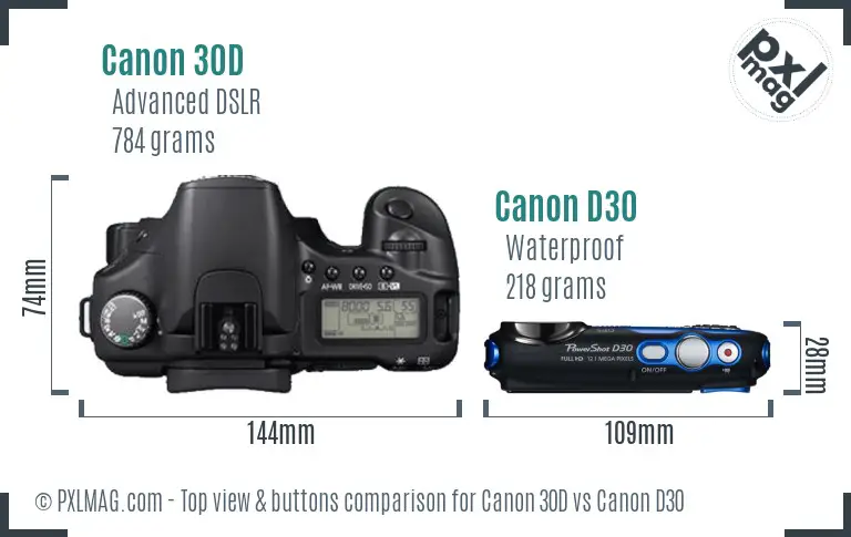 Canon 30D vs Canon D30 top view buttons comparison Canon 30D vs Canon D30 top view buttons comparison