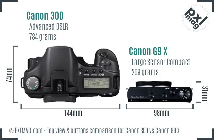 Canon 30D vs Canon G9 X top view buttons comparison