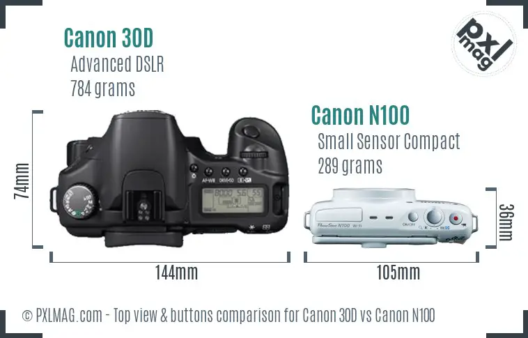 Canon 30D vs Canon N100 top view buttons comparison