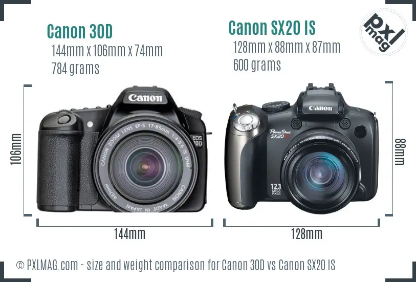Canon 30D vs Canon SX20 IS size comparison