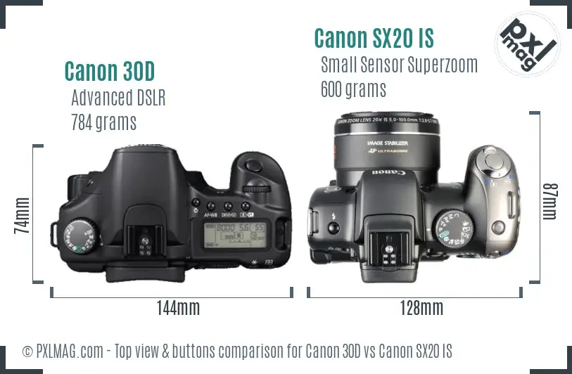 Canon 30D vs Canon SX20 IS top view buttons comparison