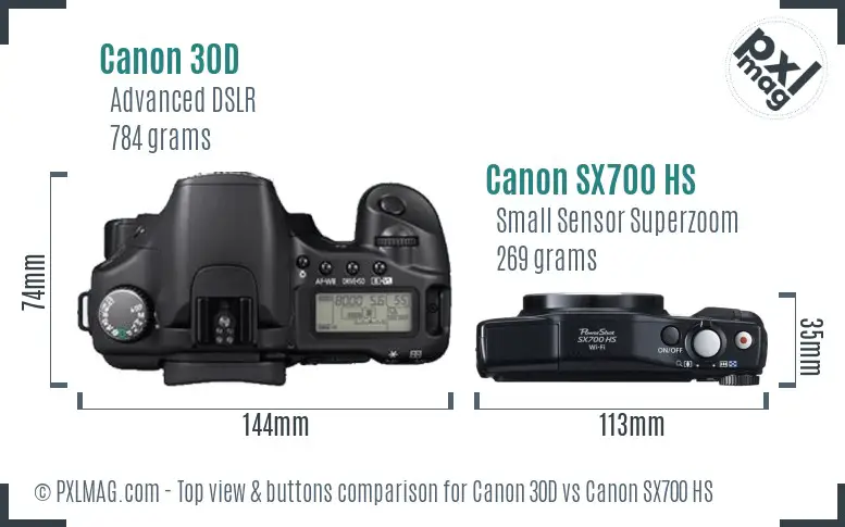 Canon 30D vs Canon SX700 HS top view buttons comparison