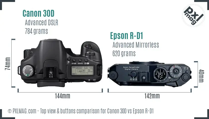 Canon 30D vs Epson R-D1 top view buttons comparison Canon 30D vs Epson R-D1 top view buttons comparison