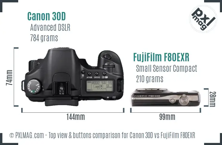 Canon 30D vs FujiFilm F80EXR top view buttons comparison