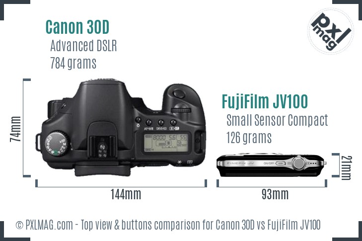Canon 30D vs FujiFilm JV100 top view buttons comparison