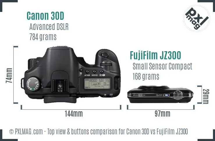 Canon 30D vs FujiFilm JZ300 top view buttons comparison Canon 30D vs FujiFilm JZ300 top view buttons comparison
