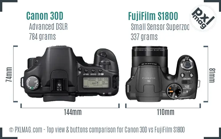 Canon 30D vs FujiFilm S1800 top view buttons comparison Canon 30D vs FujiFilm S1800 top view buttons comparison