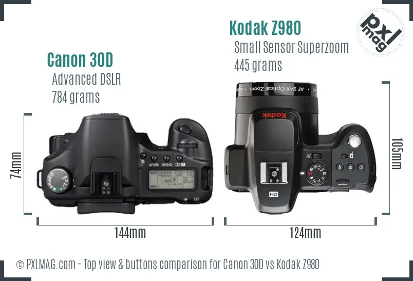 Canon 30D vs Kodak Z980 top view buttons comparison