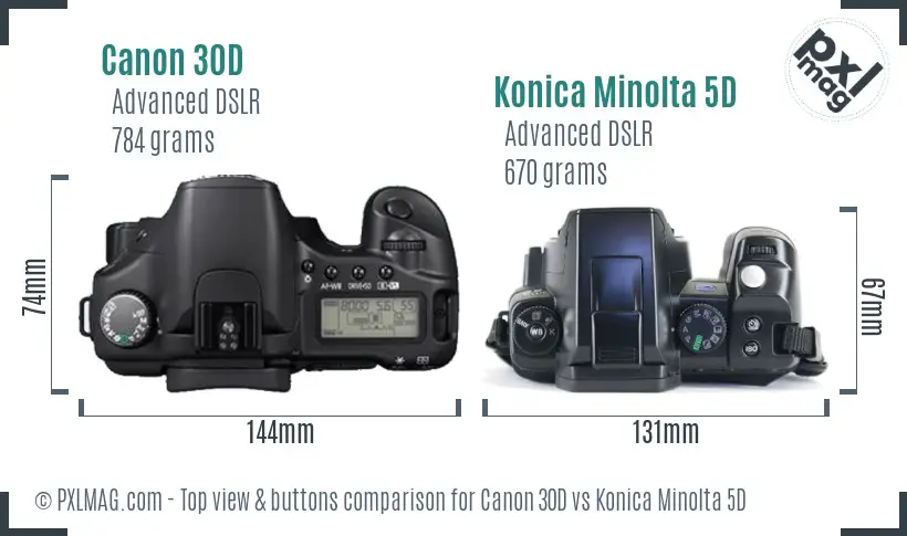 Canon 30D vs Konica Minolta 5D top view buttons comparison