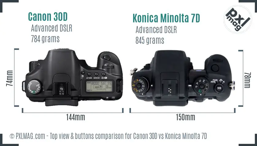 Canon 30D vs Konica Minolta 7D top view buttons comparison