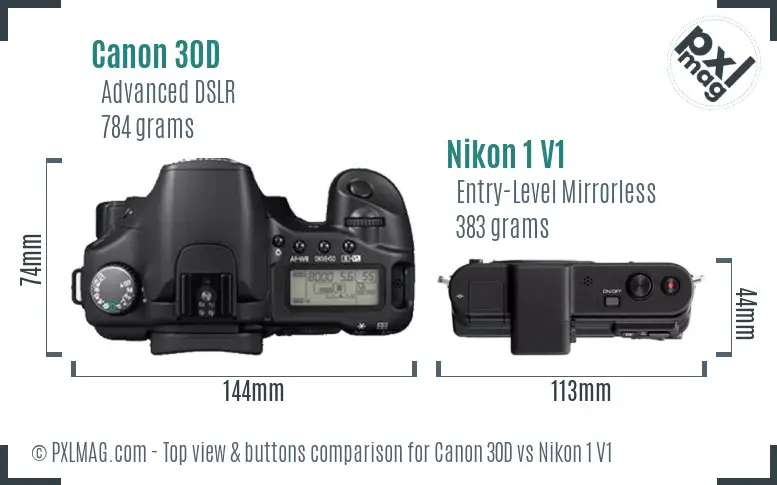Canon 30D vs Nikon 1 V1 top view buttons comparison
